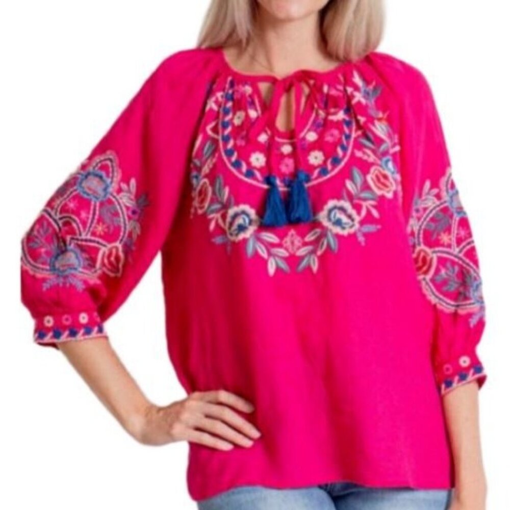 NWT Kyla Seo Shay 100% Linen Embroidered Tassel Front Blouse Sz Small Pink